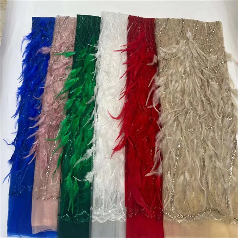 3D Handmade Feather Lace Tulle Sequin Embroidery Lace Fabric For Bridal Party Dresses