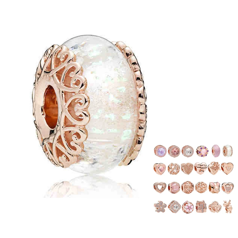 925 sterling silver rose gold pink string charm suitable for Original bracelet necklace beaded ladies DIY jewelry