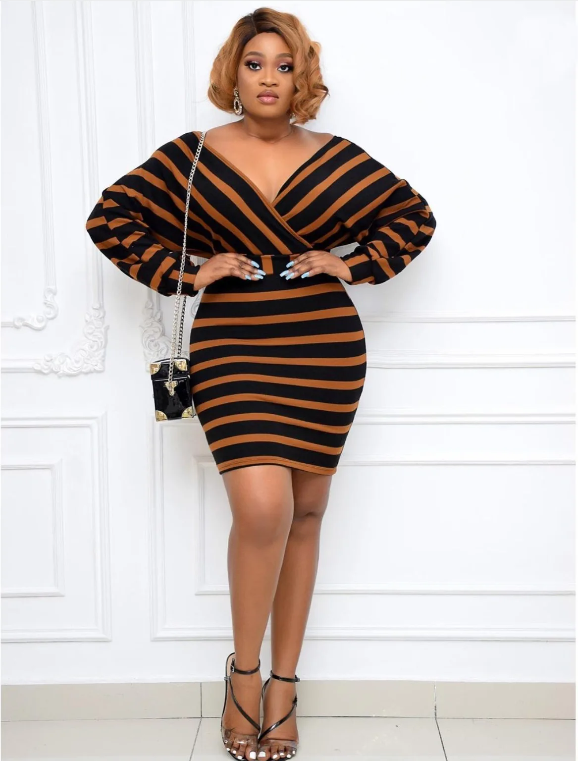 Womens Casual fall clothing 2021 Best-selling with belt stripe V neck office sexy women fashion plus Size Dress