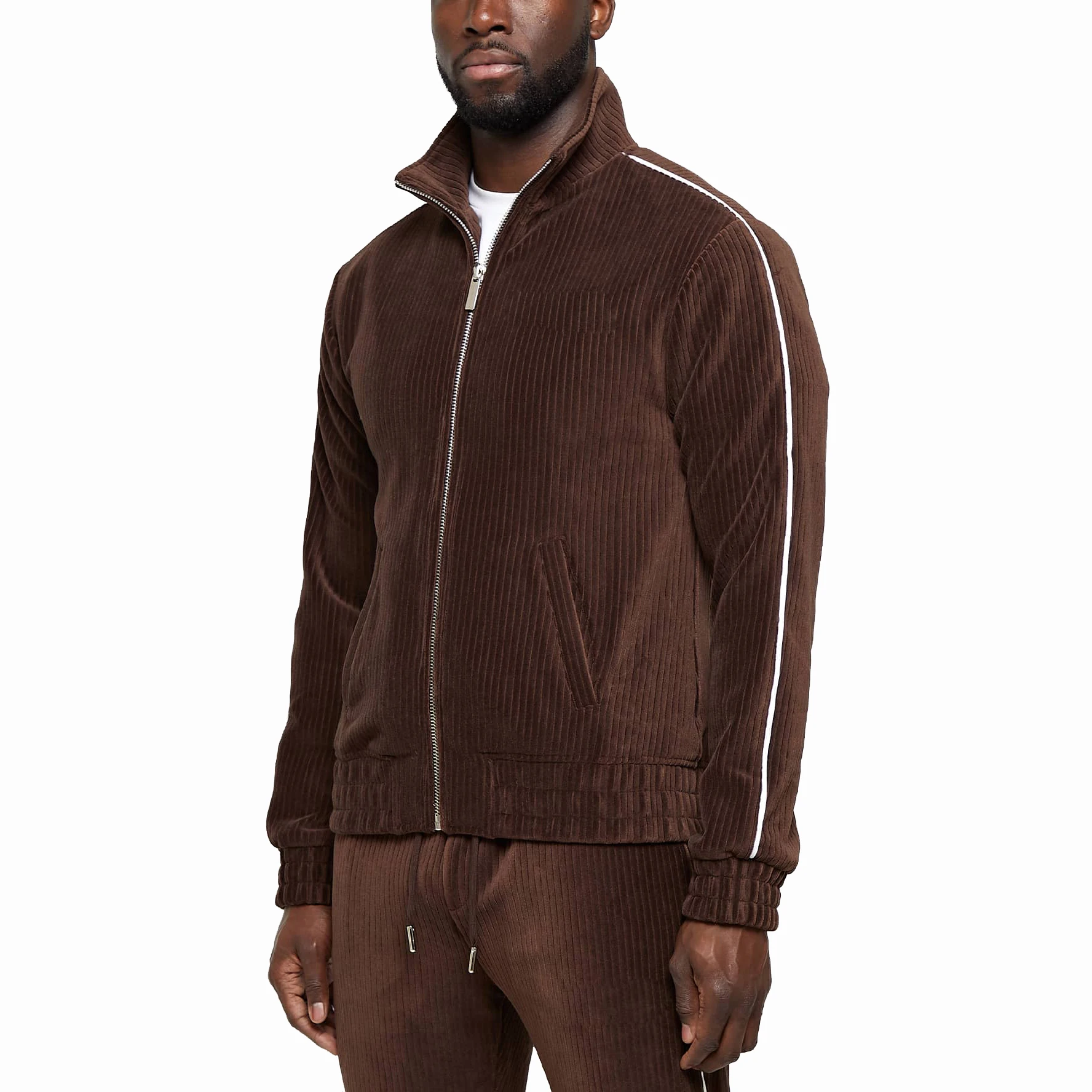 wholesale manufacturer vintage designer brown ribbed velour custom track jacket man