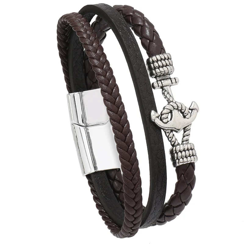 MCA053 Men Leather Bracelets Layered Leather Wristbands Cuffs Magnetic Clasp Retro Anchor Birthday Christmas Gifts for Men