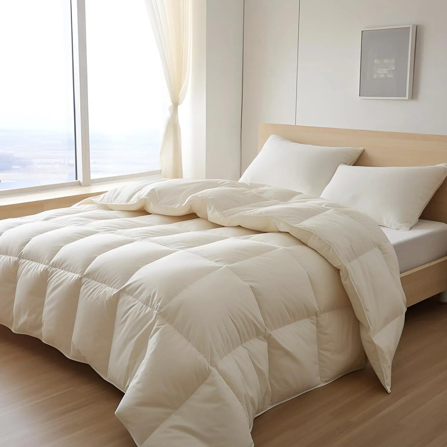 Goose Down Comforter Queen Size Fluffy Goose Feather Down Duvet with Organic Cotton Shell Luxury Down Comforter for All Seasons