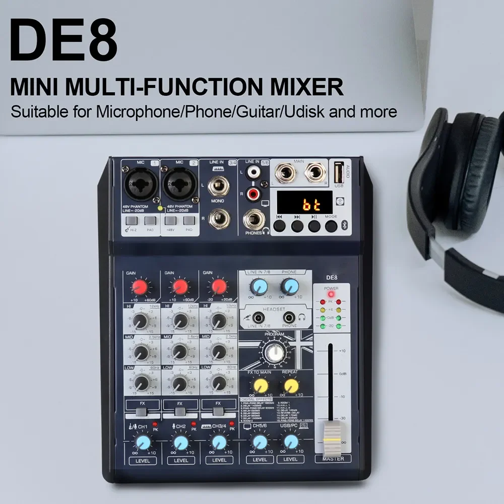 DE8 Professional DJ Sound Controller with 16 Bit DSP Soundcard for PC Recording 8 channel usb audio mixer
