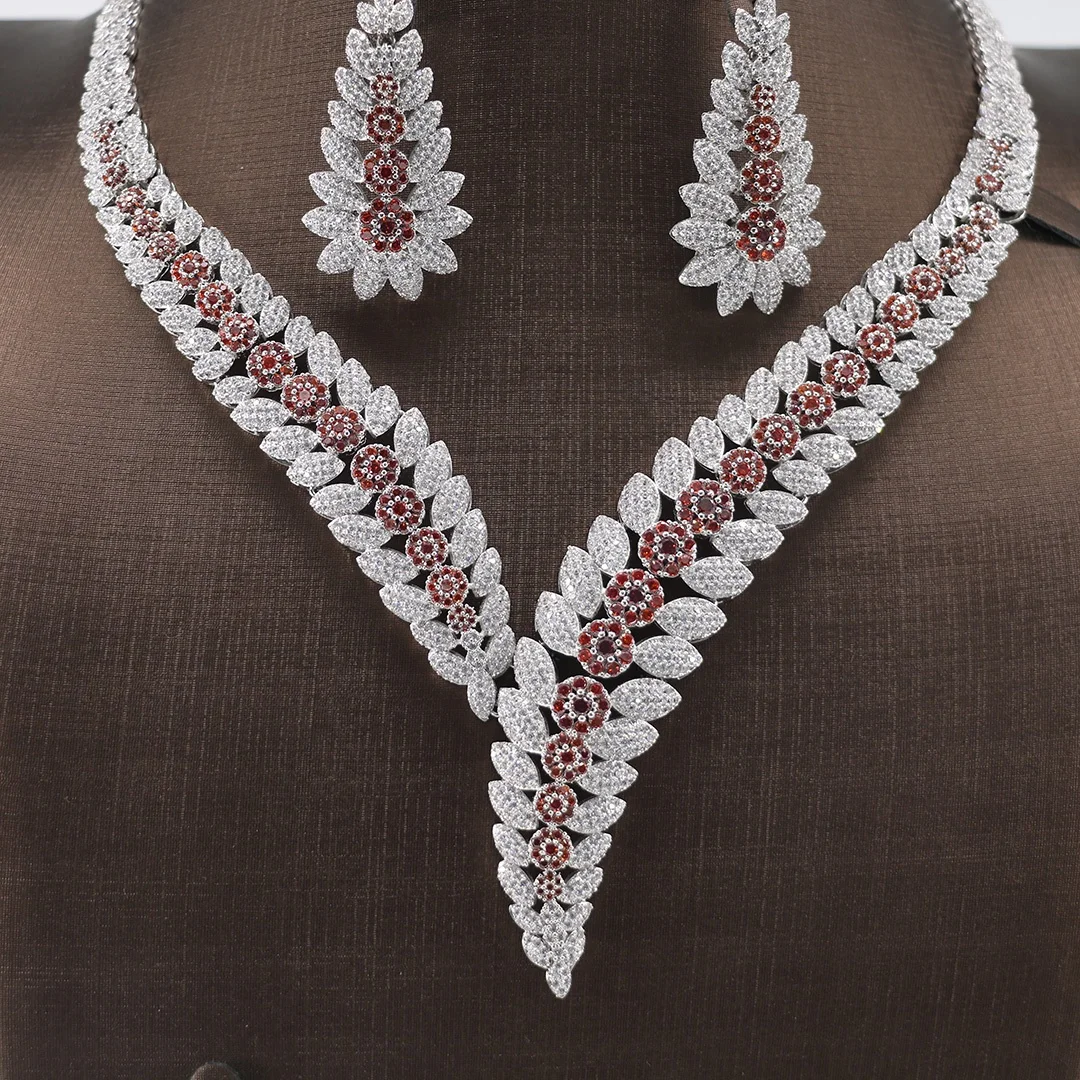 
Bedazzled Luxury Wholesale High Fashion Jewelry Wedding Necklace African AAA Red Stone Zirconia Wedding Jewelry Set for Women 