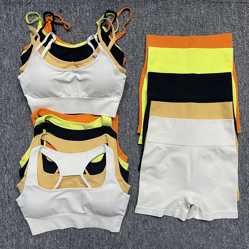 Tiktok Hot Sale Fitness Apparel Women Seamless Yoga Leggings Gym Set Athletic Wear Ribbed Biker Shorts Workout Clothes