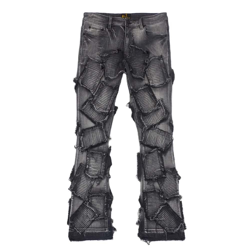 Custom Men Vintage Denim Hip Hop Washed Embroidered Distressed Pants Flare Stacked Jeans