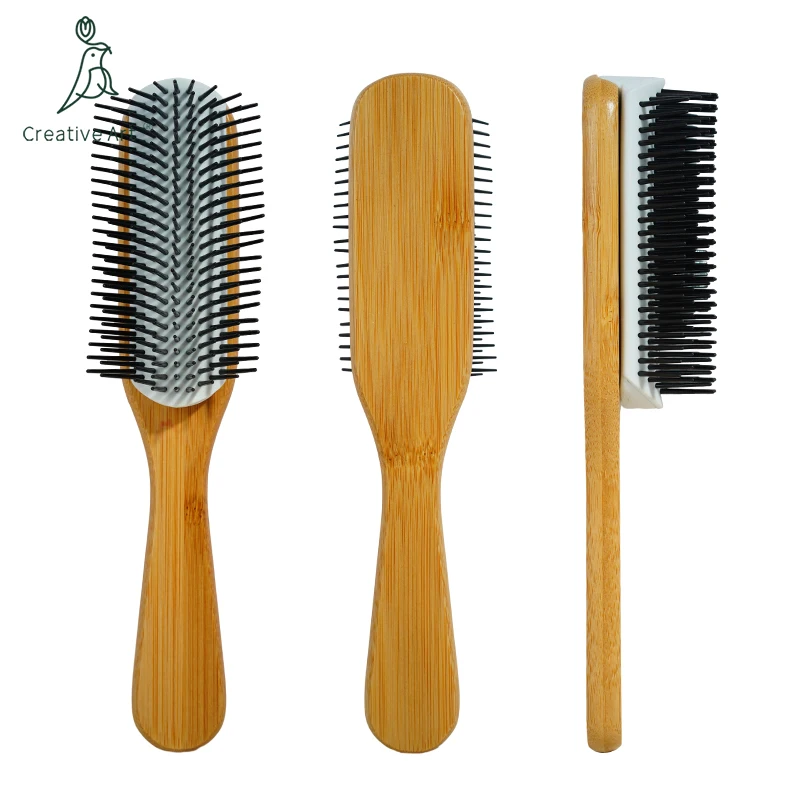 Customized Logo 9 Rows bamboo Nylon Pins Brush Natural Curly Hair Paddle Styling Hair Brush