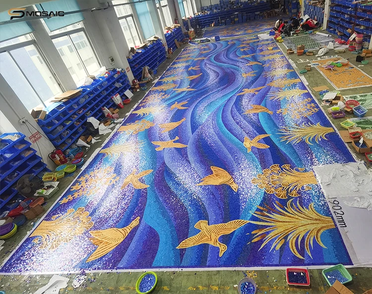 Blue pattern colorful mosaic tile vivid gold birds wheat wall art murale design customized big size floor decoration mosaic tile