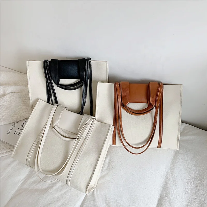 2022 OMOI Custom Leather Hand Made Plain Canvas Women Girls Shopping Tote Single Shoulder Bag Hand Bag