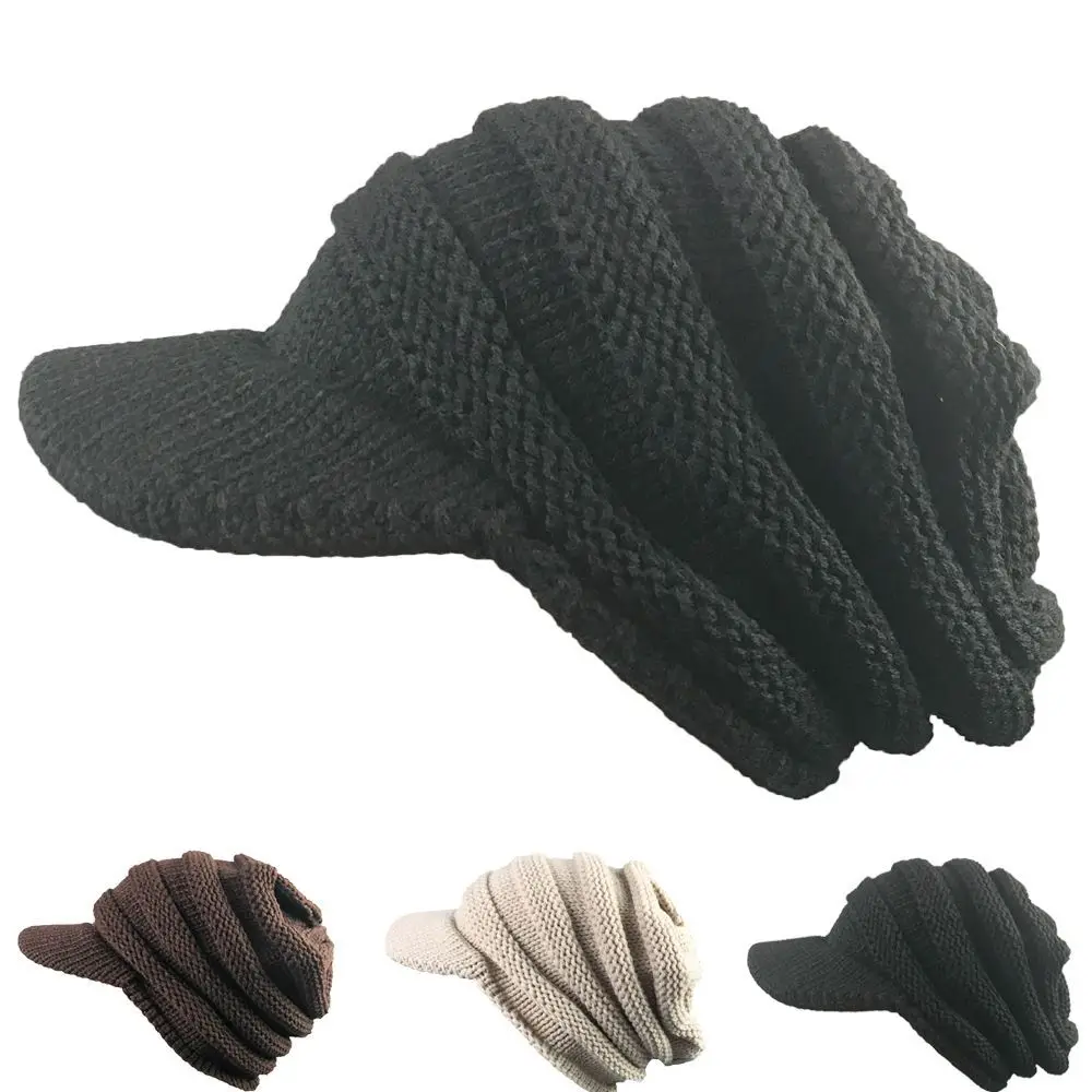 Wholesale Mens Beanie with Brim Winter Hat Knitted Thick Fleece Visor Beanie
