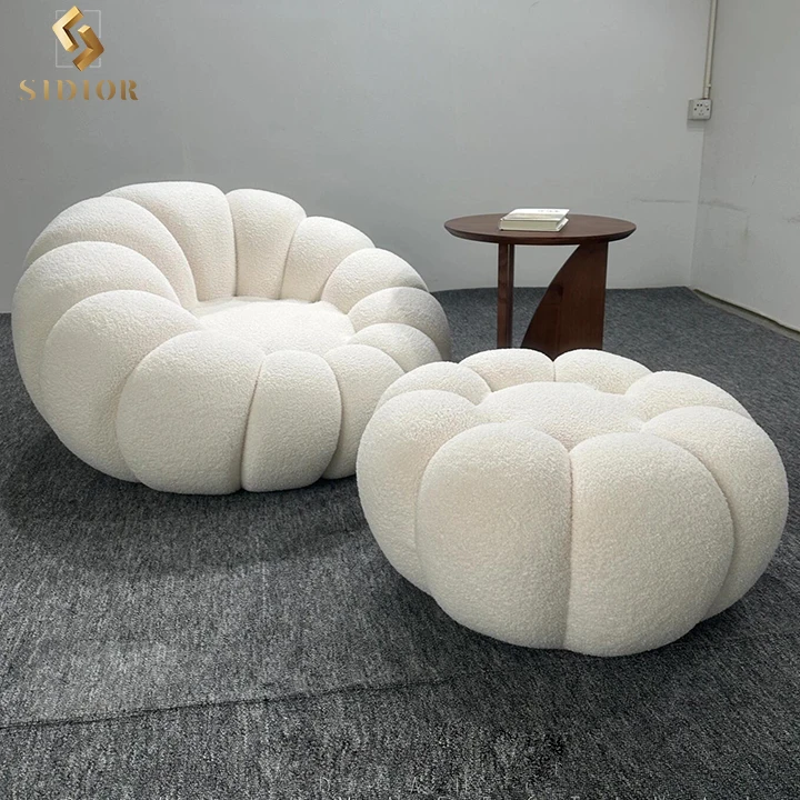 Cream White Lazy Pumpkin Sofa Shaped Boucle Accent Swivel Lounge Chair With Ottoman
