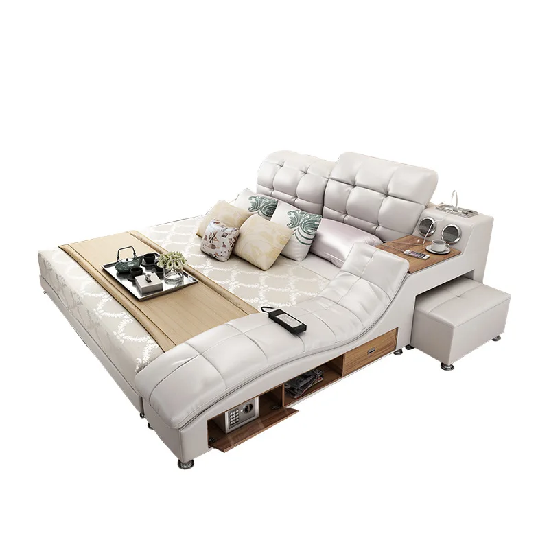 
Guangdong furniture modern massage bed wireless audio speaker king size pillow leather multifunctional bed With stool 