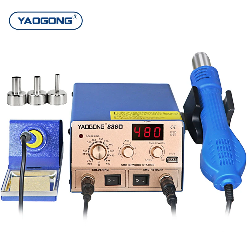 YAOGONG 886D Auto Sleep Thermostat 936 Soldering Iron Mobile Phone Repair Tools Hot Air Heat Gun SMD Rework Desoldering Station