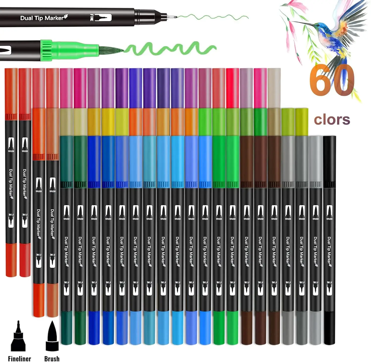 60 Colors Water Based Brush Markers, Dual Tips Drawing Brush Fineliner Color Pens for Coloring Book Bullet Art Supply Gift