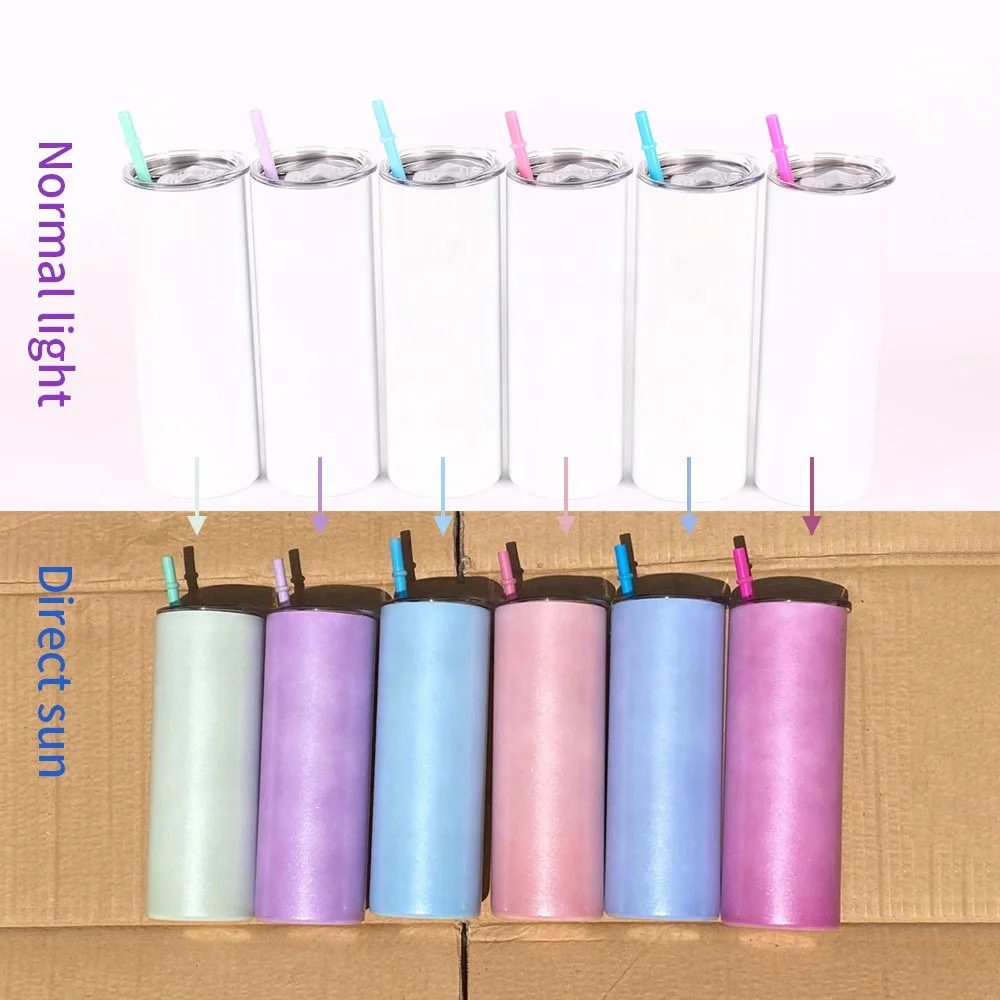 
New UV Light Color Changing White Sublimation 20oz Straight Skiny Tumbler Unapered Tumbler Vacuum Insulated with Straw Lid 