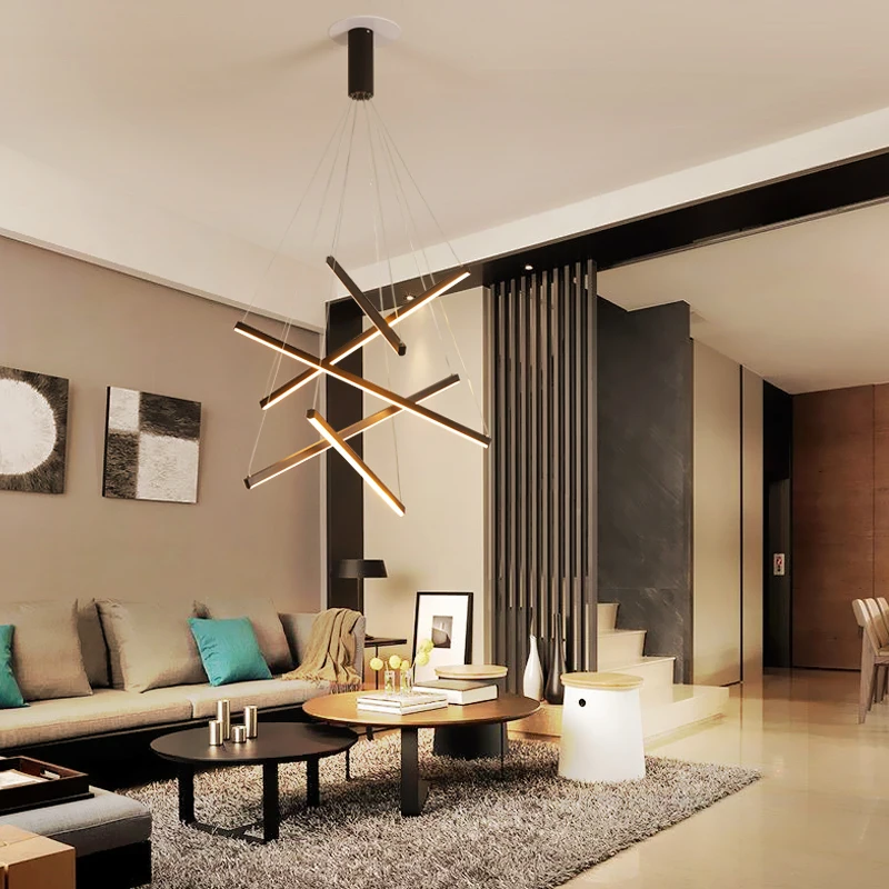 Strip Shape Simple Hanging Decorative Ceiling Pendant Lights Circle Rings Acrylic Black Luxury Modern LED Chandelier Lamp
