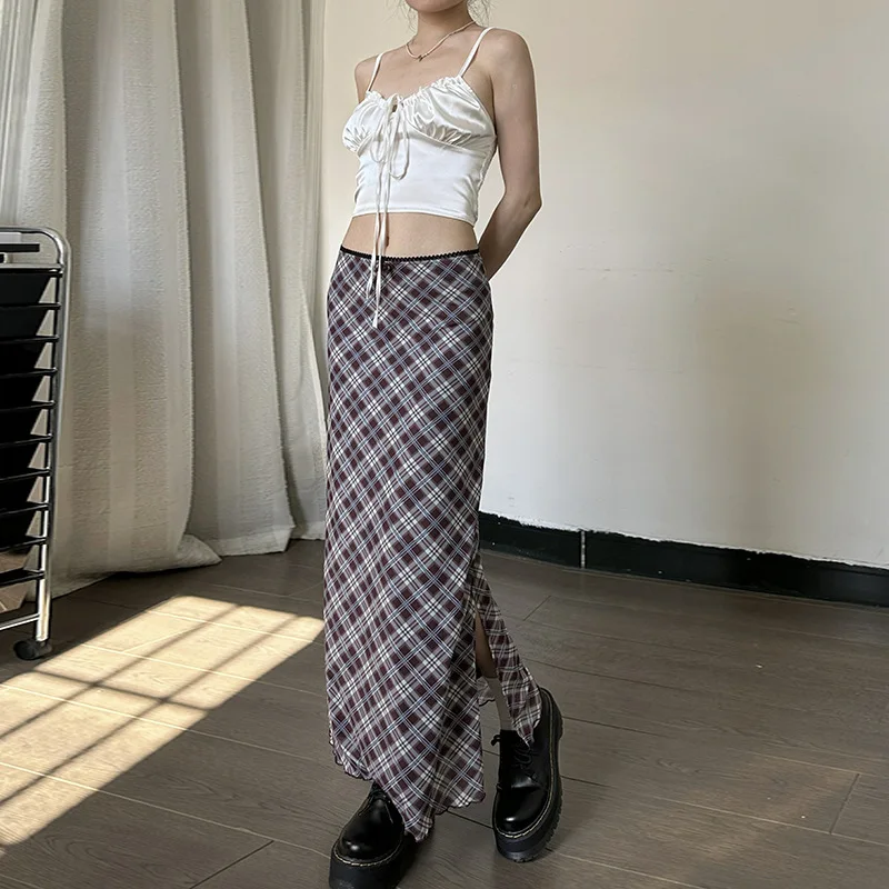 GIMILY oem custom American style college style fashionable plaid split skirt Sexy and versatile mid length diamond plaid skirt