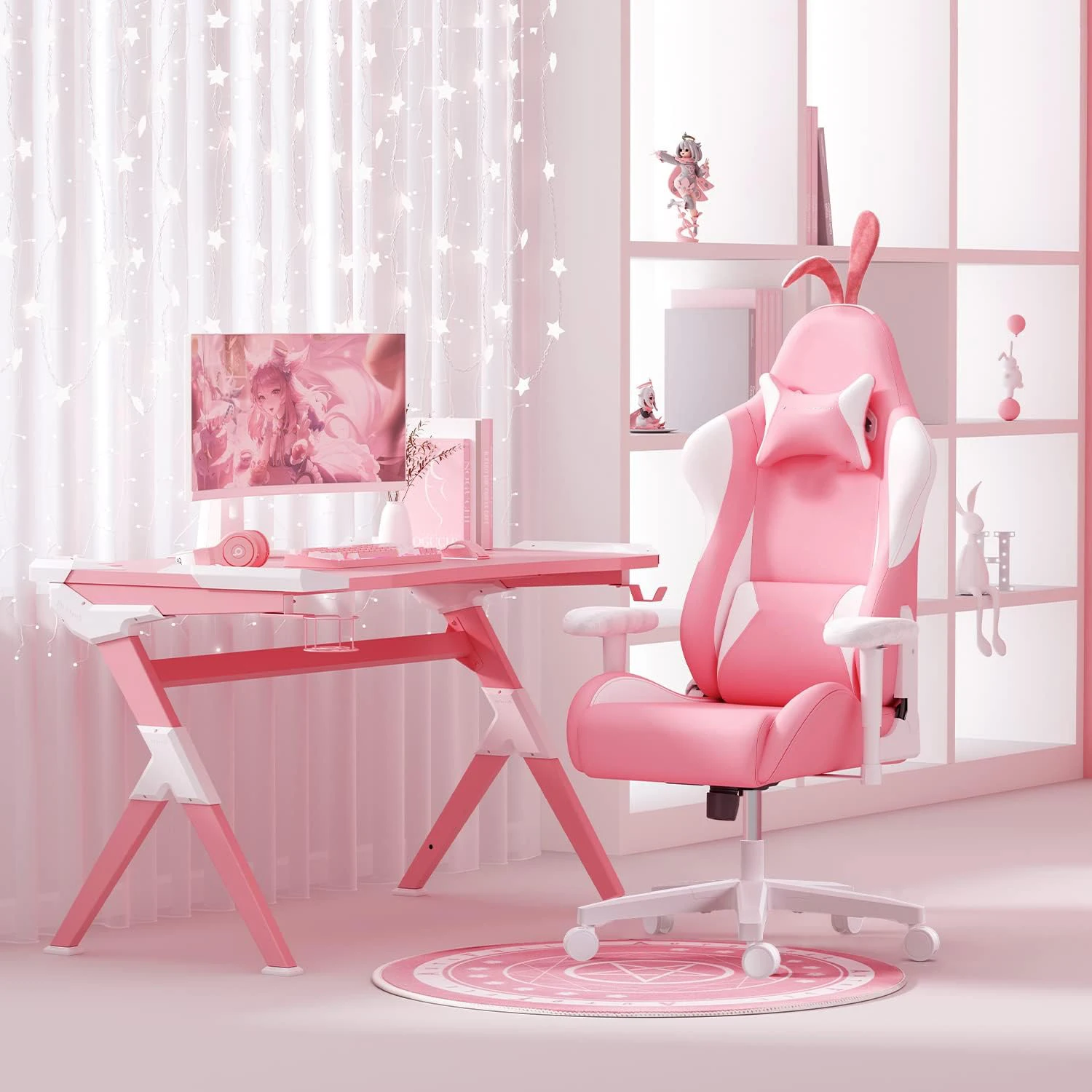 Low Price 2 Years Warranty Poland Pink LED Rgb Massage Kawaii Cute Bunny Ears Ergonomic Recliner Chair Computer Chair for Girls