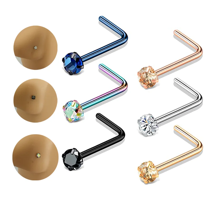 ZF 20G 316L Stainless Steel Nose Studs Rings L Shaped Hypoallergenic Shiny CZ Labret Ear Stud Tragus Earring Cartilage Wholesale