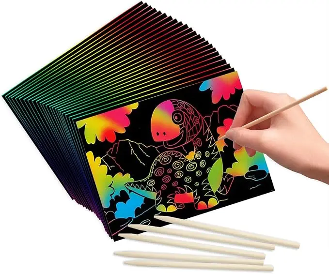 Rainbow Magic Scratch Paper Art Set with Stencils Wooden Stylus for Kids Party Game Activities DIY Project Paper Craft