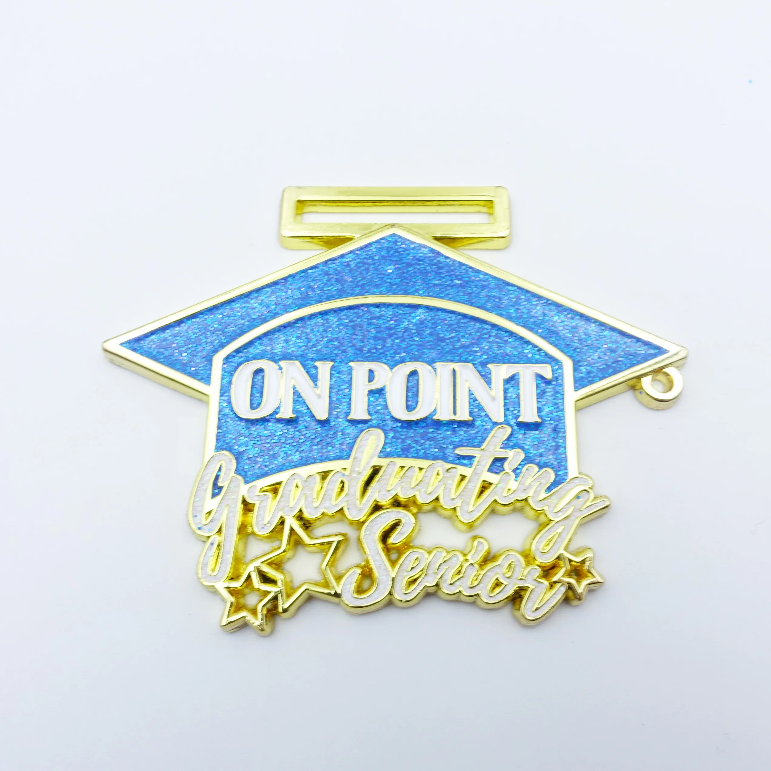 Glitter Medallas Wholesale Custom Made Gold Plated Metal Medal with Sublimated Ribbon school graduation cap glitter powder medal