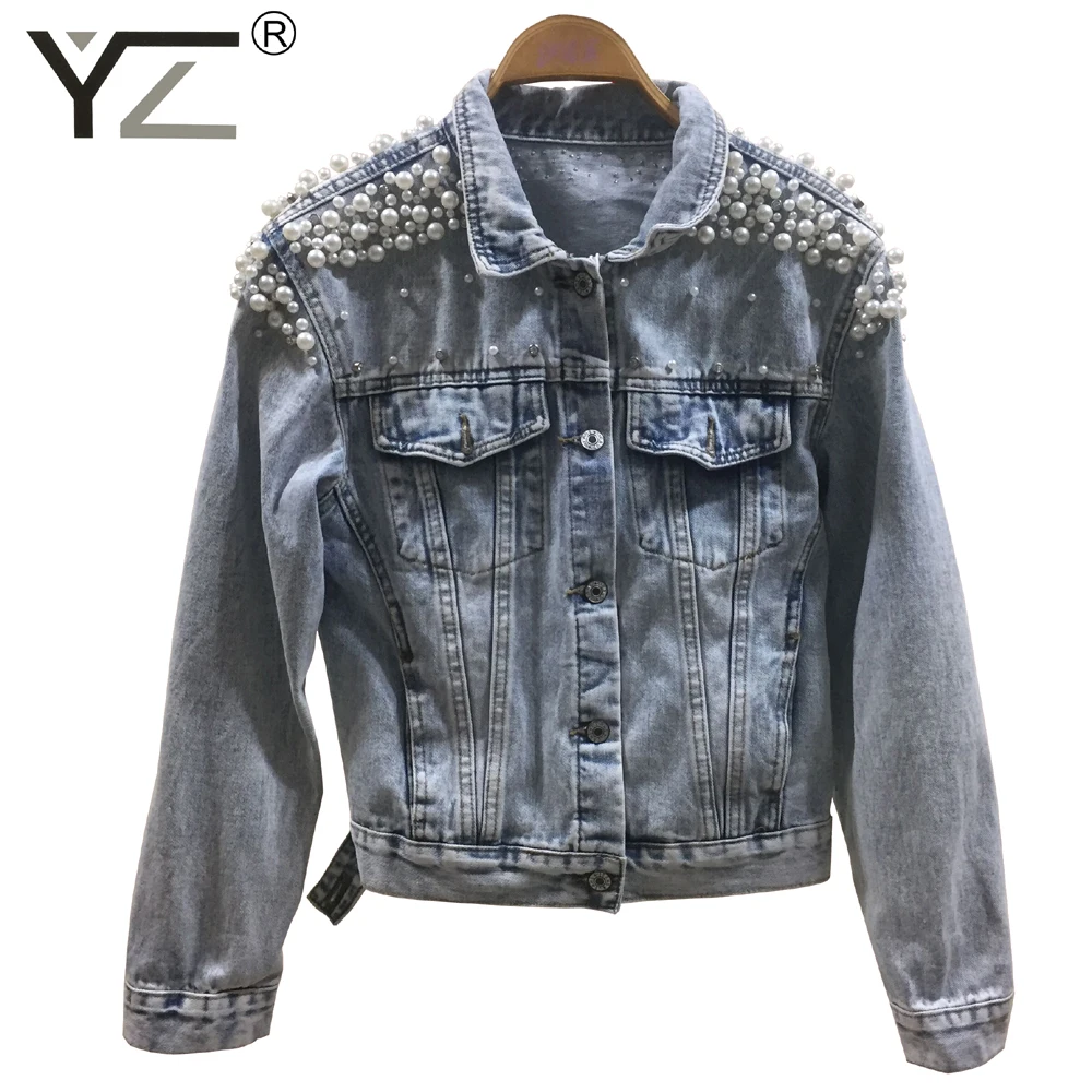 Women White Bomber Denim Coat Plus Size Pearl Beading Short Jean Jackets 3xl-5xl Wash Long Sleeve Vintage Casual Denim Jacket