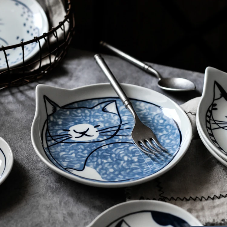 Retro tableware household creative simple cartoon cat dishes durable sustainable cheap kitchen irregular ceramic plate