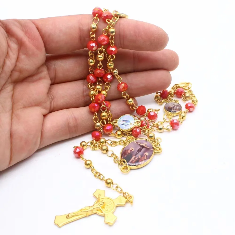 support custom New design fashion crystal beads alloy Cross 6mm Crystal rosary necklace