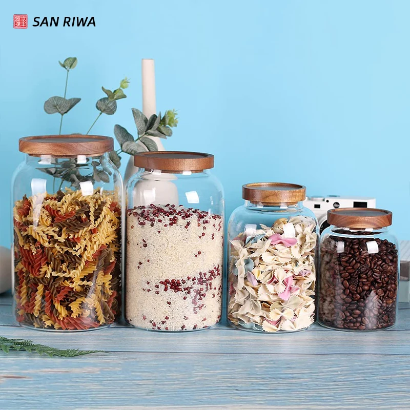 Transparent Airtight Glass Food Storage Jars With Acacia Wooden Lid Cylinder Sealed Air Tight Kitchen Borosilicate Glass Jar