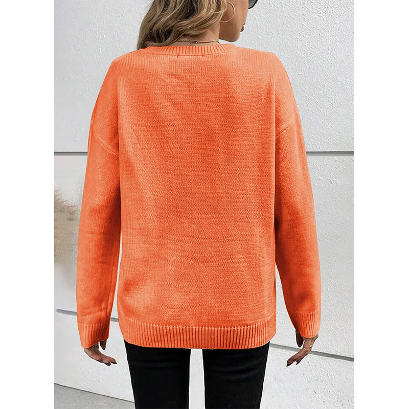 Dear-Lover New Fashion Wholesale Boo Pattern Ribbed Edge Drop Shoulder Knitted Crewneck Sweater