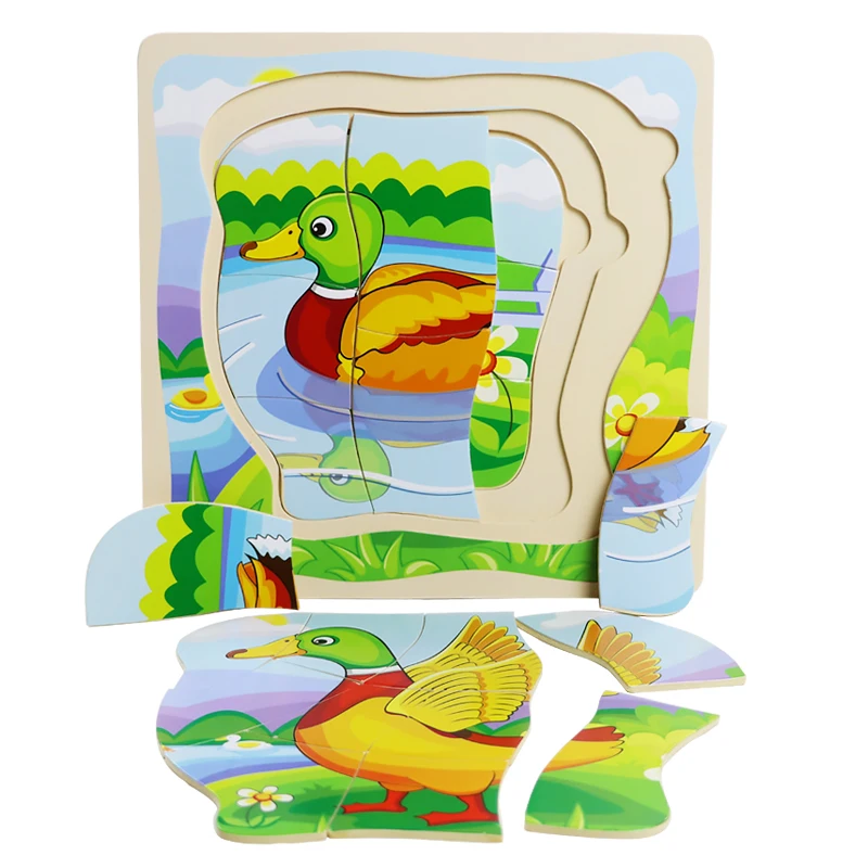 Wooden Creative Multi Layer Animal Duck Growing Up Puzzles Cartoon Children Baby Wood 3D Jigsaw Puzzle Toys