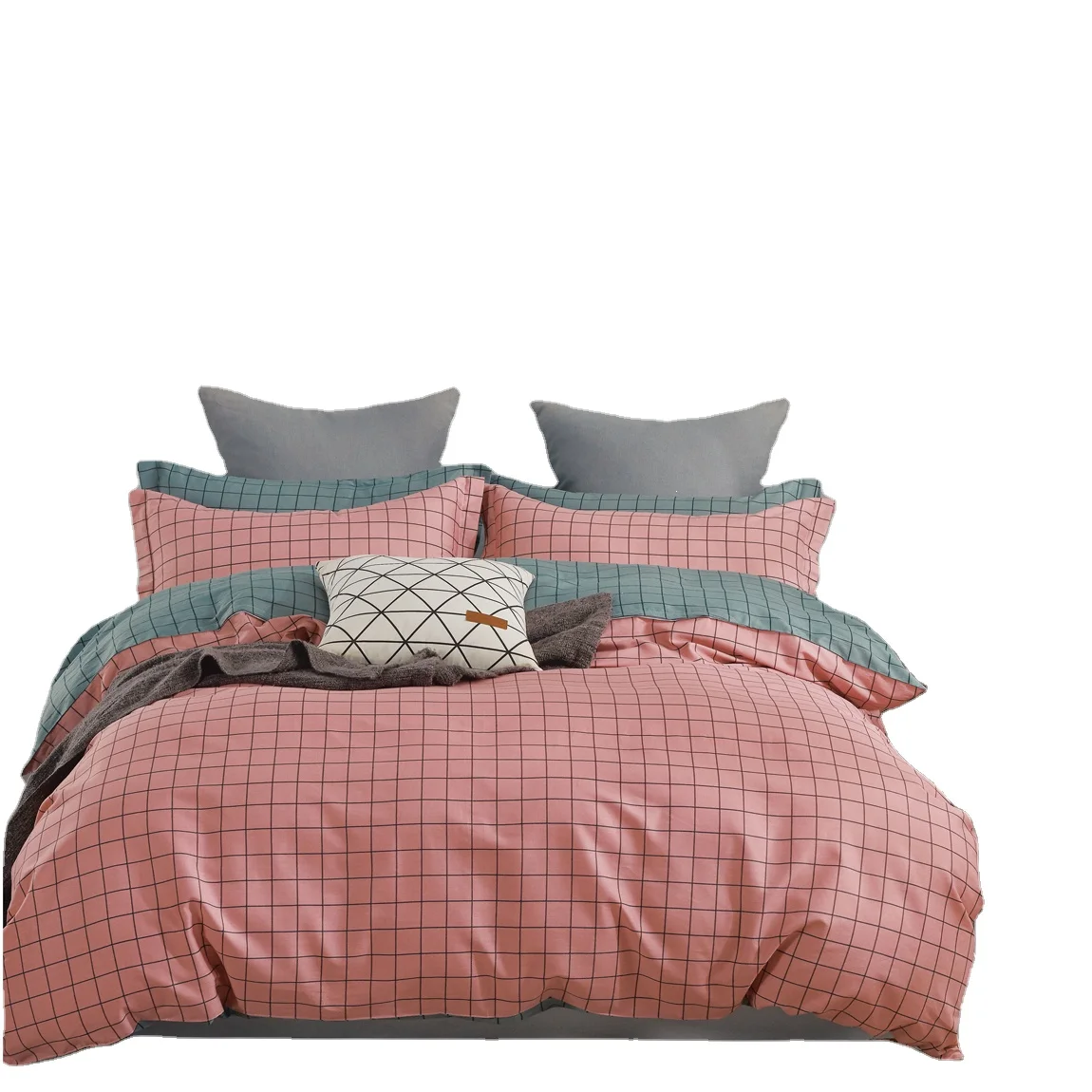 Modern style plaid double sides pure color 100% cotton Duvet Cover set with one Duvet Cover and two pillowcase towels