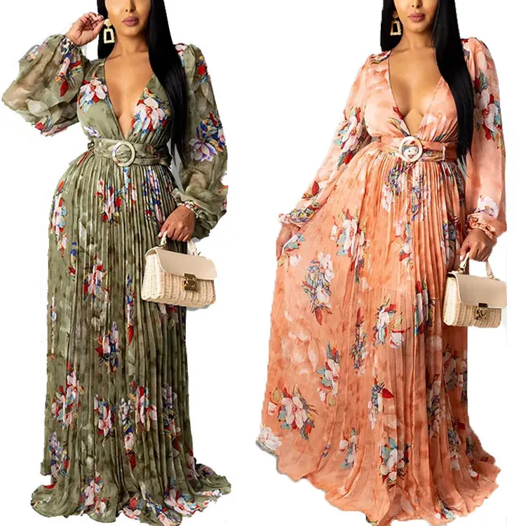 American Size Long Sleeves Pleated Chiffon Dresses Elegant Floral Printed Maxi Dress Deep V Neck Ladies Summer Dress