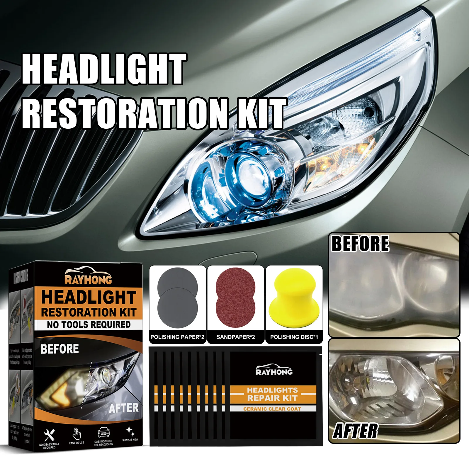 Rayhong car headlight restoration kit yellow blurry oxidated headlight repair kit scratches repairing set for car headlight