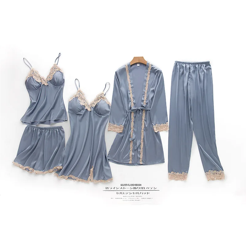 ladies New 5 Five Piece Pajamas Silk Pajamas Suspender Skirt Pajamas for Women Home Service sleepwear set