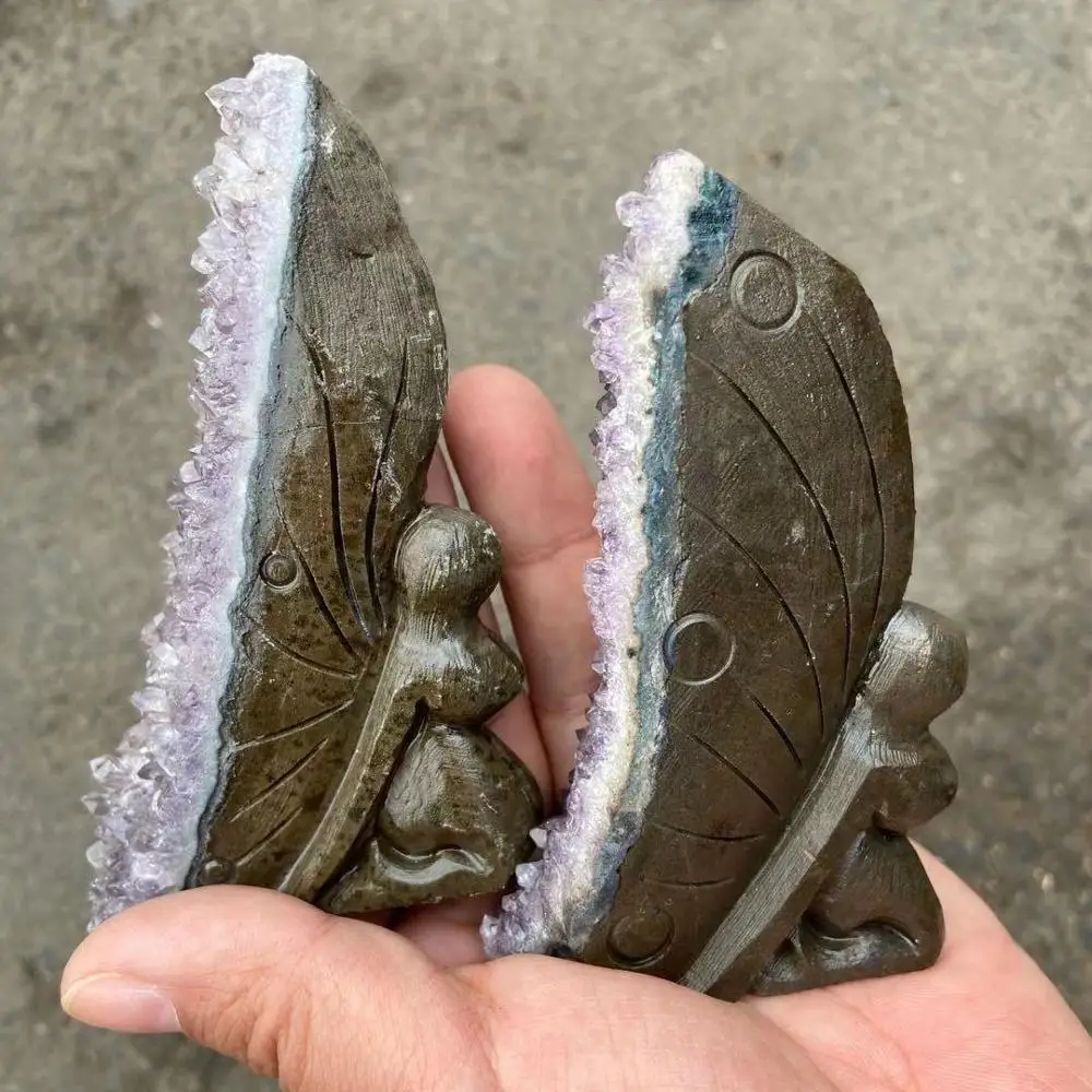 Spiritual Healing Crystal Folk Crafts Amethyst Cluster Butterfly Fairy Figurine  For Decoration