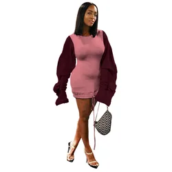 Женское мини-платье в стиле пэчворк с цветными лямками и рукавами-грибками, осенне-зимняя Клубная одежда для ночного клуба, 2019