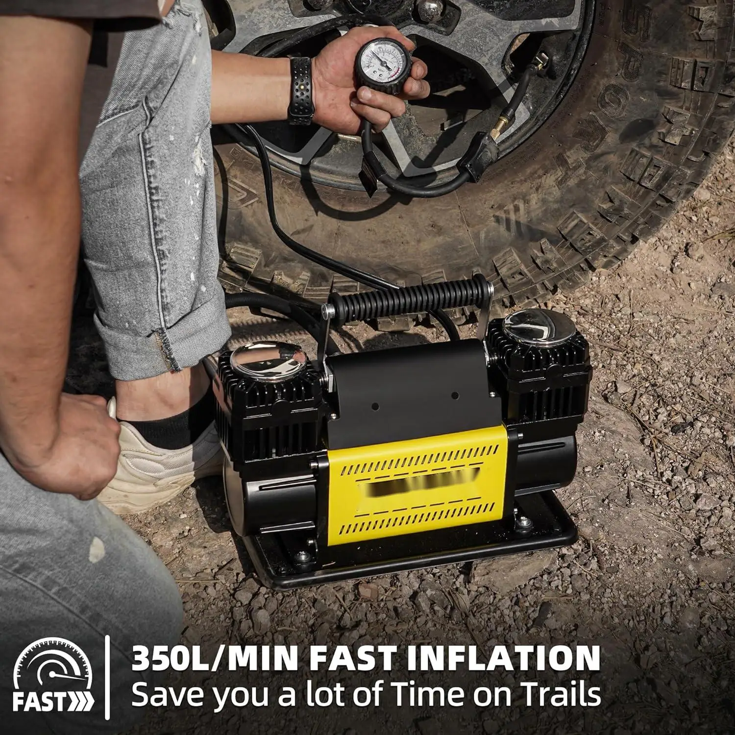 300LSH/MIN Heavy-Duty 12V/24V Cabled Tire Compressor with Double Cylinders Fast 150PSI Inflation Point