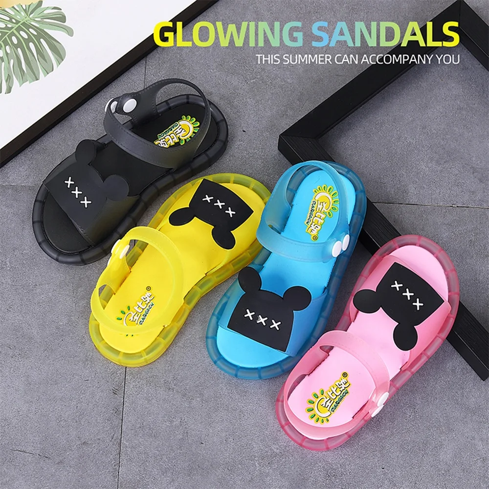 Baby Fashion PVC Flat Kids Glowing Shoes Boys and Girls Ankle-wrap Button LED Lights Children Sandals