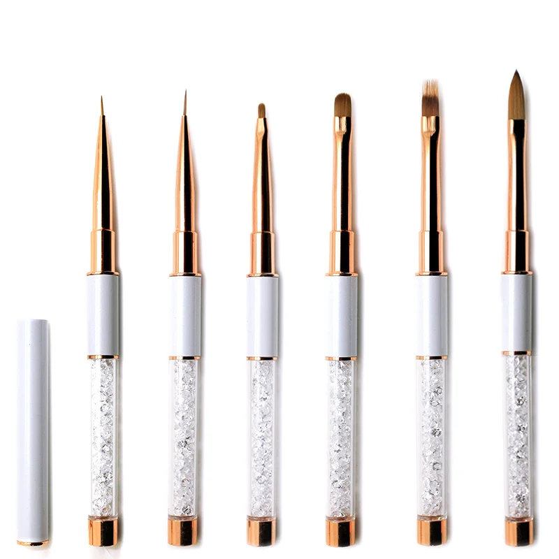 Yodoor Professional Custom Logo Nail Liner Brush Metal Handle Acrylic Flat Gel Nail Brush With White Rhinestone