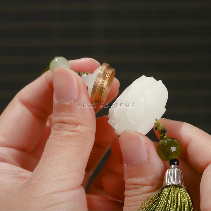 JD GEMS Wood Incense Expander Wood Hollow Carving Pendant White Jade Green Sandalwood Lotus Sachet Incense Box Charm