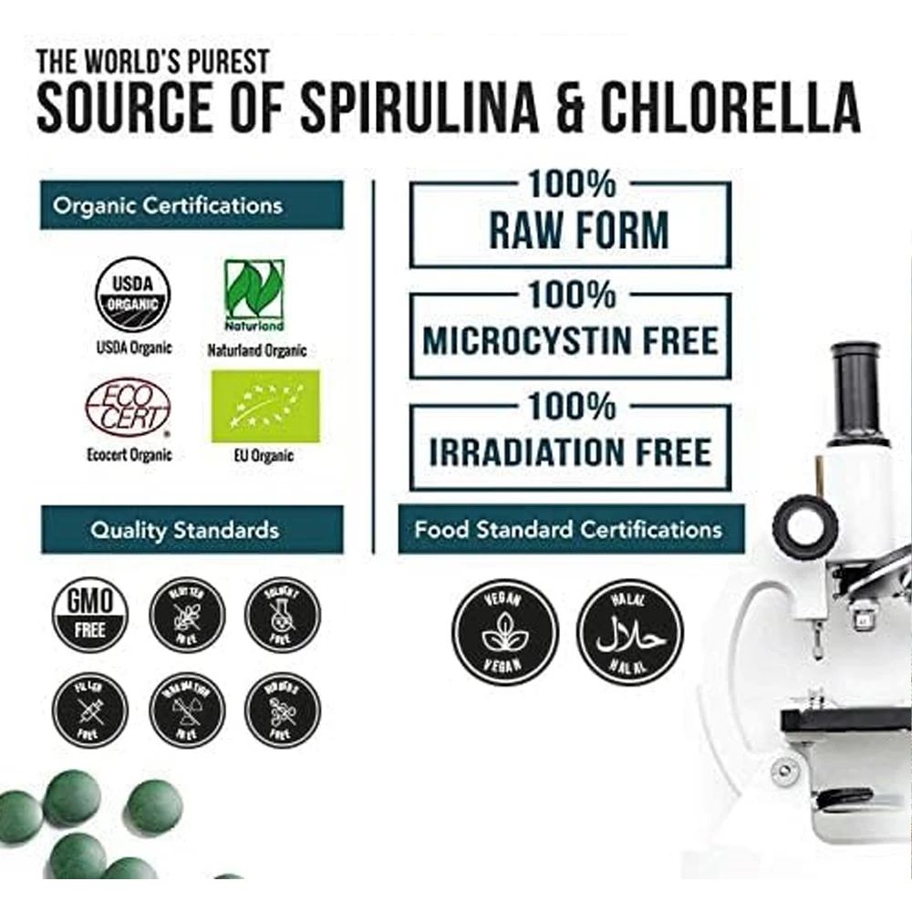Private Labels Organic Spirulina Tablets Plant-Based Algae Superfood Organic Turmeric Spirulina Chlorella Tablets