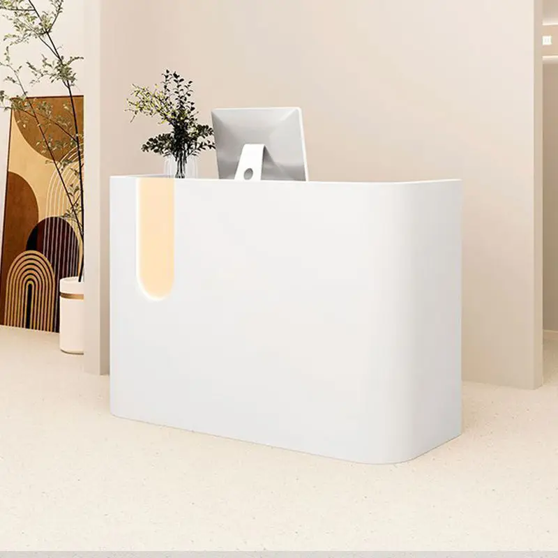 Free logo Outfit Shop Office Small Counter Wood Table Front Desk Modern Wood Corporate Front Desk Design