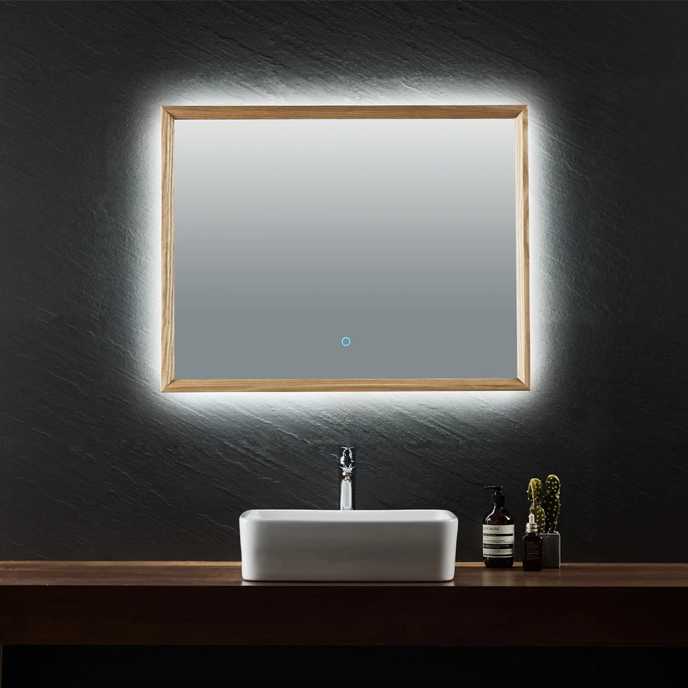 Wooden Framed Rectangular Design Wall Mounted Bathroom LED Mirrors