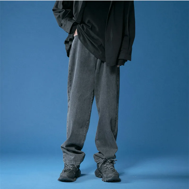 2021 high quality custom stylish loose straight solid color denim pants streetwear black long jean for men