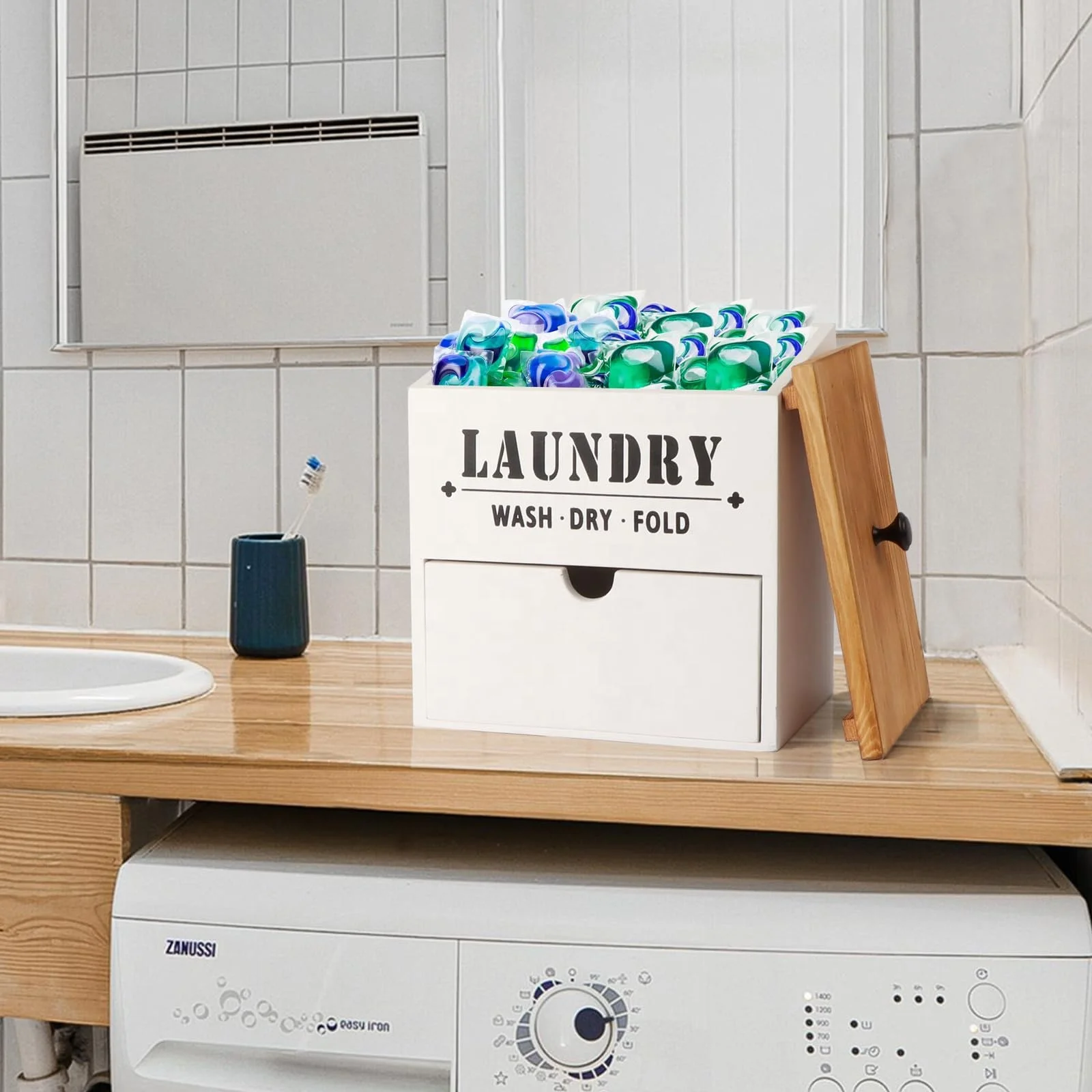 Hot selling home high quality laundry room wooden desiccant storage box laundry pod container Laundry Dryer Sheet Dispenser