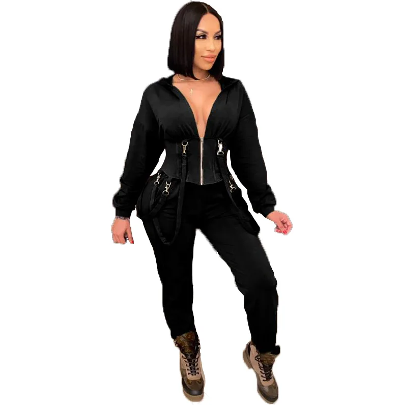 
TG042 Ladies 2 Piece Set V Neck Corset Woman Clothing Sets Bandage Black Two Piece Outfits Joggers Yoga Set 