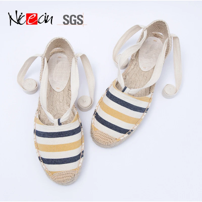 Custom stripe canvas casual ladies flat jute femmes sandals soles for platform espadrilles wedge womens