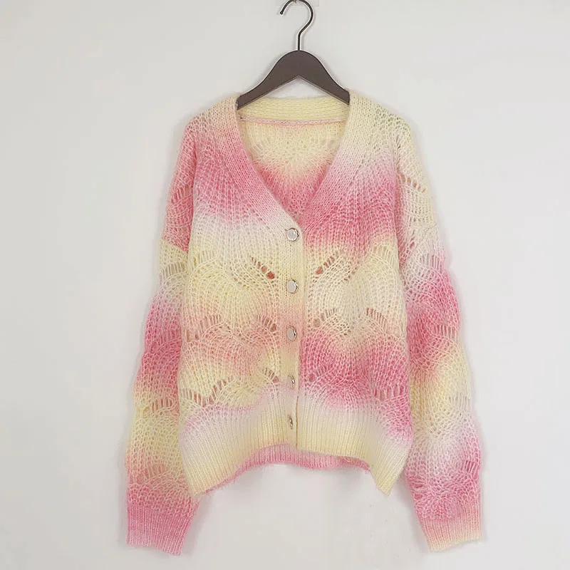 HUIFAN Tie Dye Knitwear with Button Long Sleeve V-neck Sweater Coat for Ladies Custom Hollow Out Knit Sweater Cardigans Women