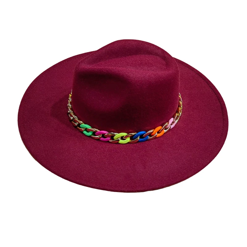 Two Tone 9.5cm Wide Brim Felt  Fedora hats Wholesale High Quality Panama Hat with Multi Color Chain Buckle Decor Jazz Cap Hats